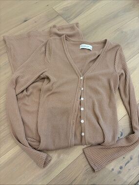 Abercrombie & Fitch Long Ribbed Button-Front Women's Sweater Cardigan - Camel